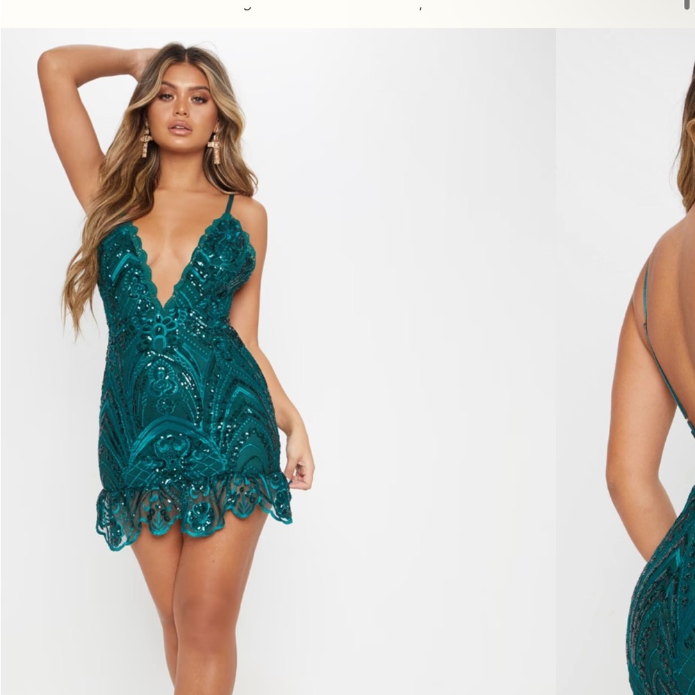 NEWPrettylittlething EMERALD GREEN SEQUIN LACE FRILL HEM BODYCON DRESS